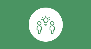 An icon of two people with a lightbulb in between them, on a green background.