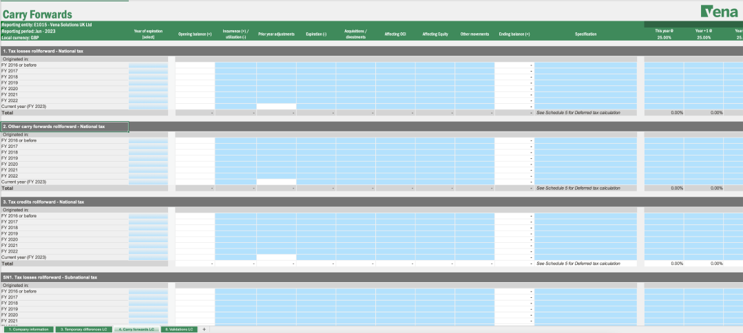 Screenshots of examples of Vena's Tax Provisioning Excel Template