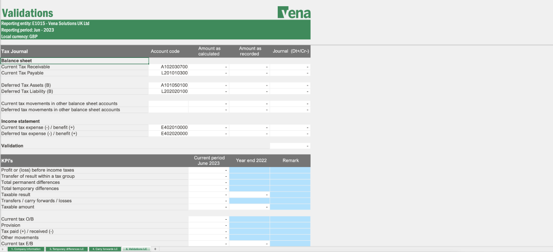 A view of a template used in Vena for tracking deferred tax assets, deferred tax liabilities, permanent differences and temporary differences