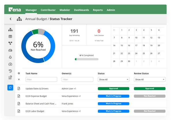 Screenshot of status tracker from vena.io