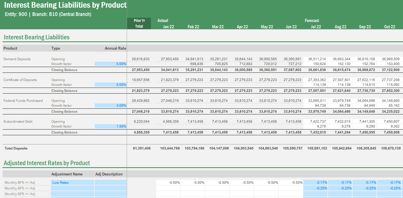 An Interest Bearing Liabilities by Product template in Vena