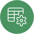 Icon of an excel spreadsheet with a cog on a green background