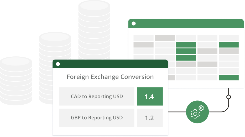 An image of a browser window with Vena's foreign exchange function connected to another window with a spreadsheet. Behind are three stacks of coins.