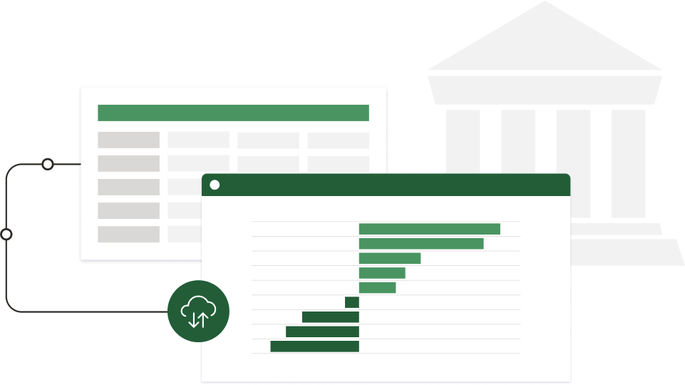 An image browser winder with a bar graph and a browser window of a spreadsheet behind it. The windows are connected with an icon for cloud software 