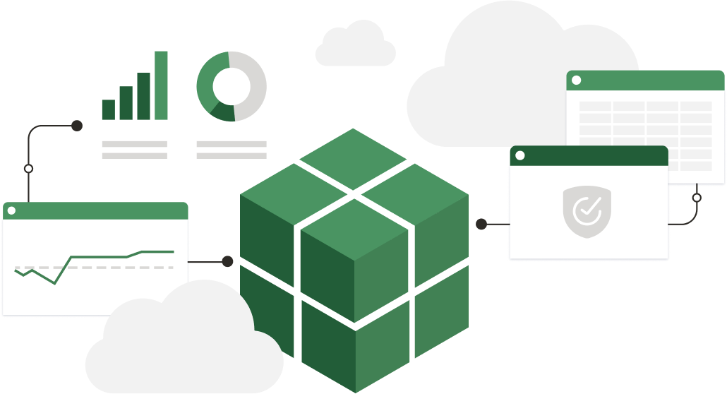 An image of a cube with clouds around it. Connected to the cube are browser windows showing a security badge, spreadsheet, and bar graphs. 