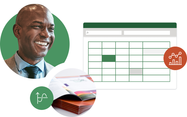 A smiling black man and an excel sheet window.