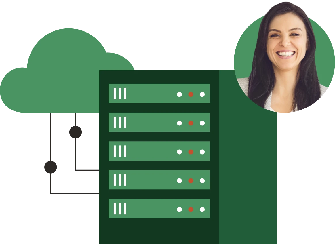 Illustration of a server machine uploading and downloading data to the cloud with the headshot of a female user.