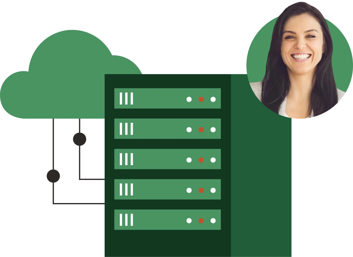 An illustration of a cloud based server with an image of a smiling white woman with dark brown hair