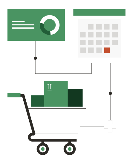 An illustration of a shopping cart, connected with lines to a calendar and a graph 