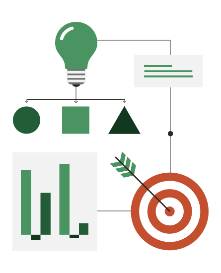 An illustration with various elements, including a lightbulb, an arrow hitting the bullseye of a target and some bar graphs.