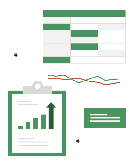 An illustration that includes a clipboard, some charts and the cells from an excel file.
