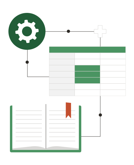An illustration of an excel file, an open book and a cog, all connected by lines