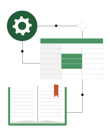 An illustration of an excel file, an open book and a cog, all connected by lines