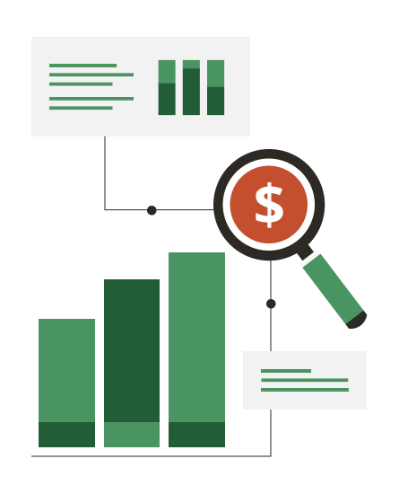 An illustration of a bar graph and a magnifying glass