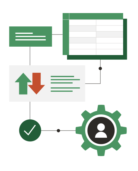 An illustration of an excel file, a cog and some up and down arrow icons