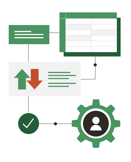 An illustration of an excel file, a cog and some up and down arrow icons