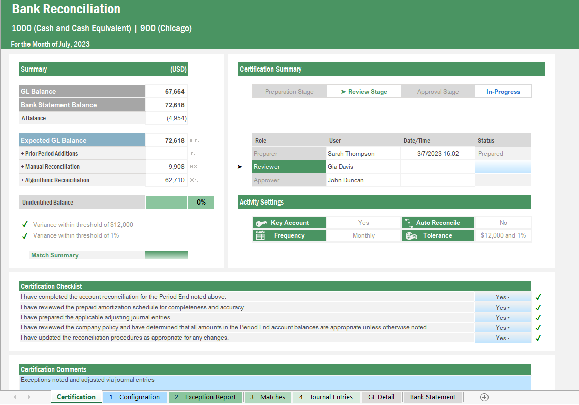 Screenshot of Vena's Bank Reconciliation template