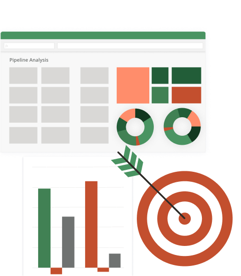 An illustration of an excel file, with graphs and a target with an arrow.