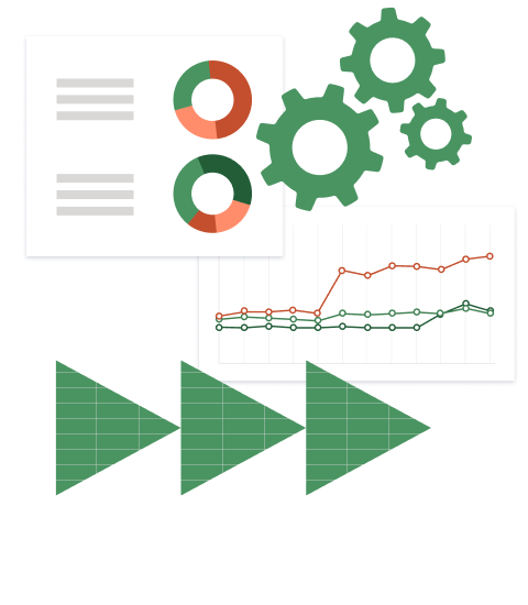 An illustration of charts and graphs, with several cogs