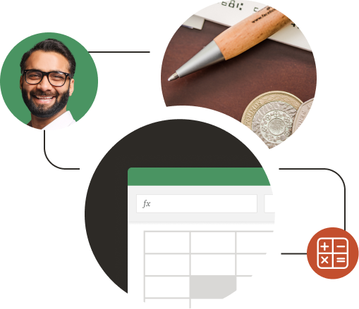 A series of circles, one with a photo of a man with glasses, one with a close-up of a pen with some coins, and the last one with an illustration of an excel table