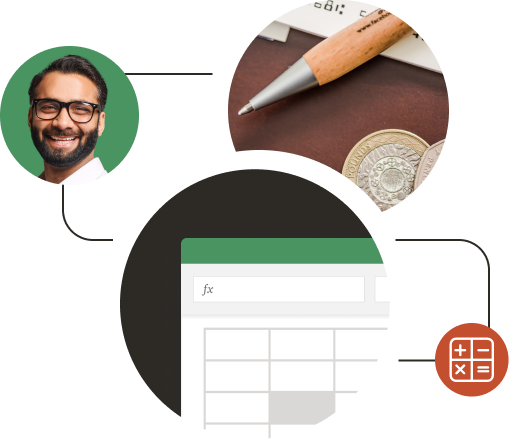 A series of circles, one with a photo of a man with glasses, one with a close-up of a pen with some coins, and the last one with an illustration of an excel table