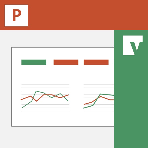 A PowerPoint Window with a chart on the slide with a green bar to the right of it with the Vena logo, depicting the Vena for PowerPoint function.