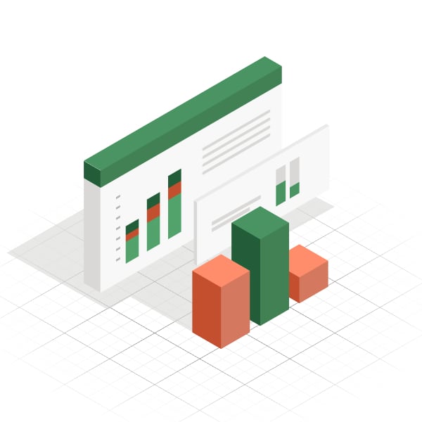 An illustration of 3D charts and bar graphs on a white background.