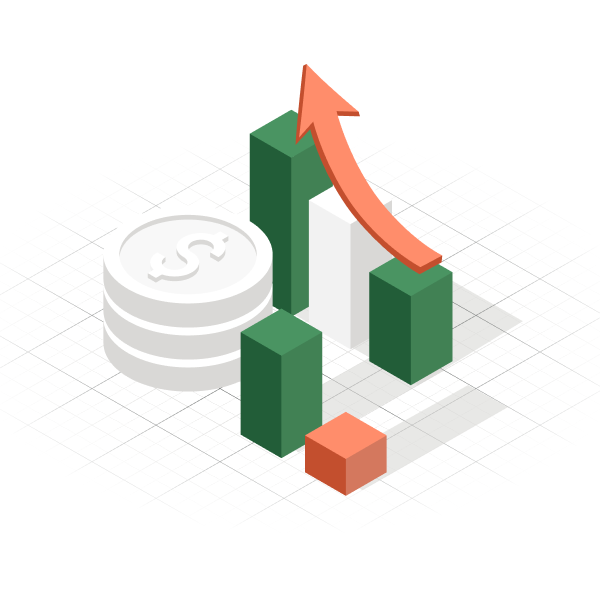 A 3D illustration of bar graphs with an arrow trending up. Beside the bar graph is a 3D illustrated stack of coins.
