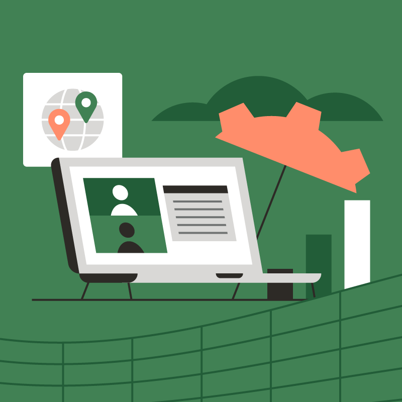 A gray laptop featuring two people on a video call, set against a green background, with a globe with two pins dropped on it in different geographic locations