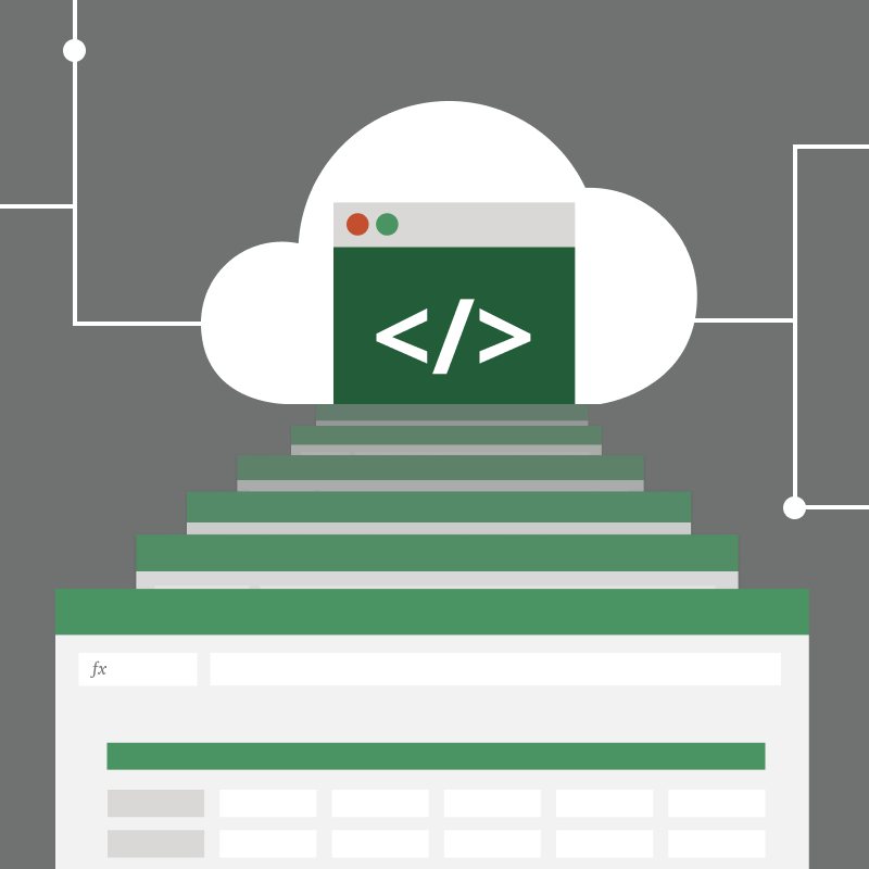 An illustration of a cloud system with stacks of Excel templates below.