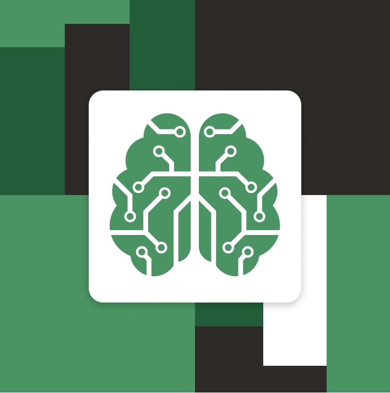 Illustration of AI brain in centre of the frame, with bar charts going up in the left background, and bar charts going down in the right background.