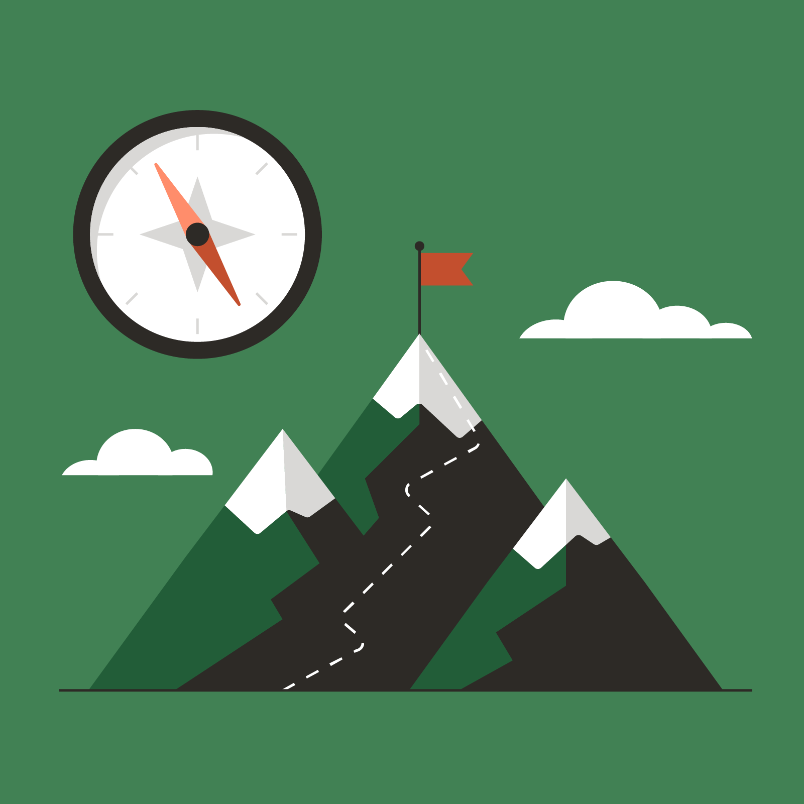An illustration of a green mountain with a red flag at the summit, with a path leading up to the summit; next to it is a compass