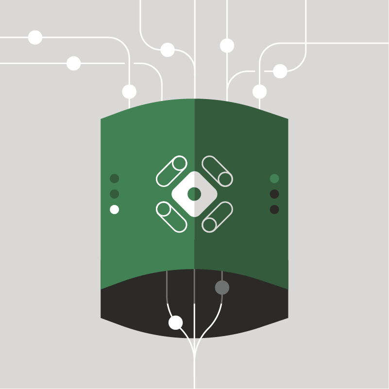 An illustration of data connectors represented by white lines with circles, feeding into an AI model represented by a dark green cylinder, set against a light gray background