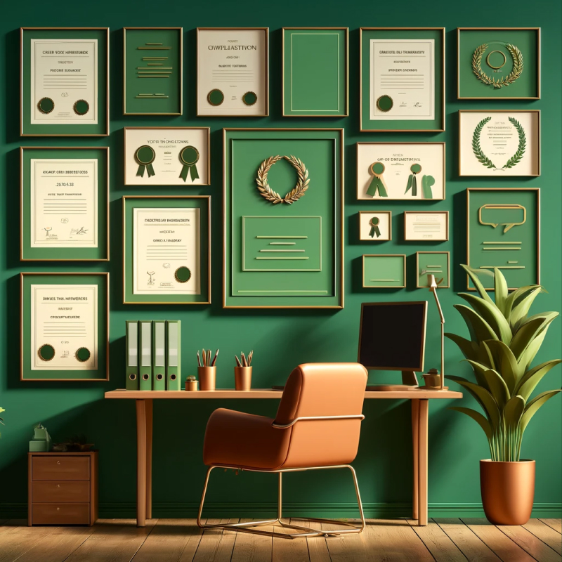 A green wall with many frames hung upon it containing certifications of all sorts. In front of the wall is a desk with a computer upon it. 