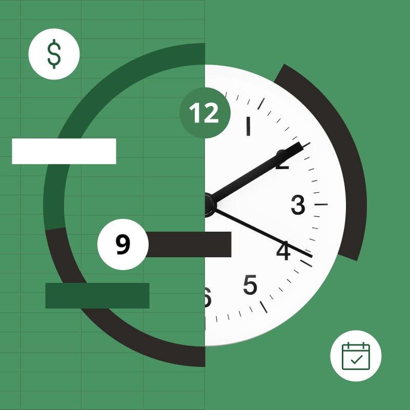 An illustration of half a clock and half an excel grid. Around the clock are circles with numbers, an icon of a dollar sign, and an icon of a calendar