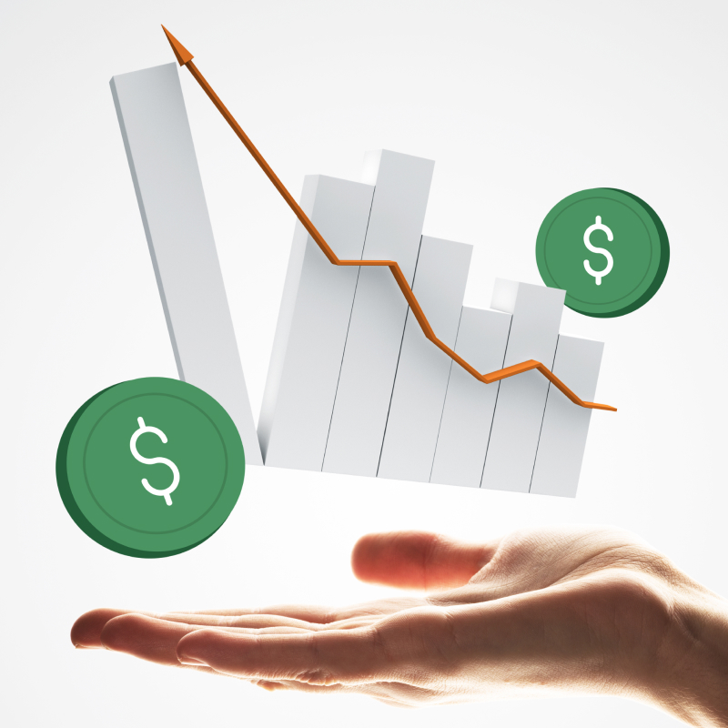 An image depicting sales growth with a bar chart going upwards and coins illustration floating around it on top of a palm