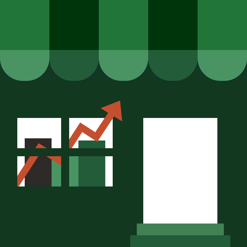 An illustration of a retail storefront with a bar chart and line graph in the window