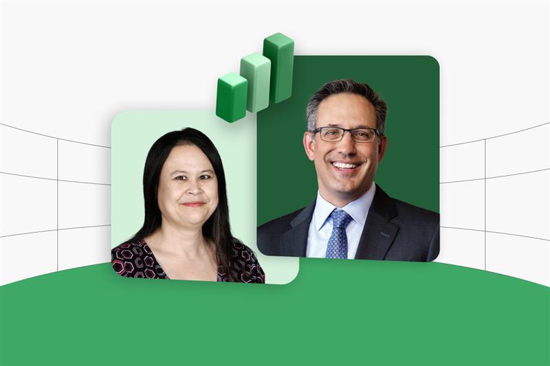 Headshots of Christine Harms, CFO at TLB Construction and Brandon Sharp, CIO at Brookfield Residential