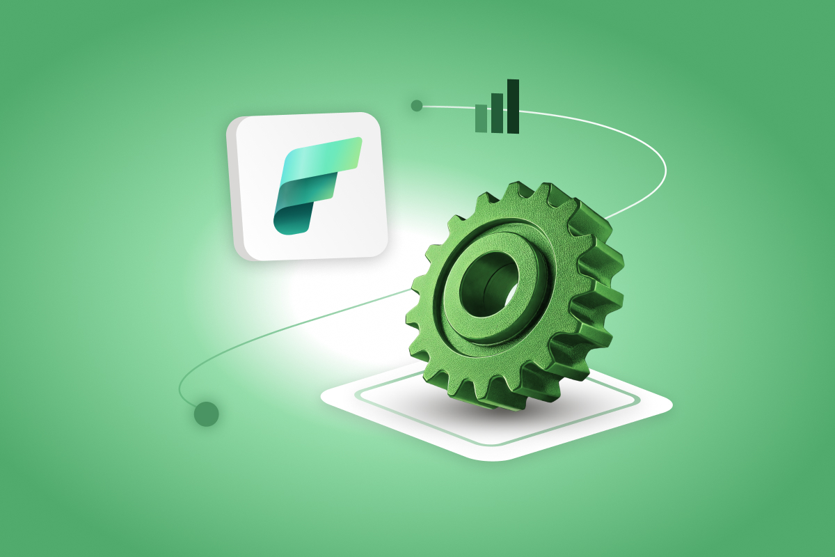 Green background featuring a gear icon alongside an Fabric logo, symbolizing technology and innovation.
