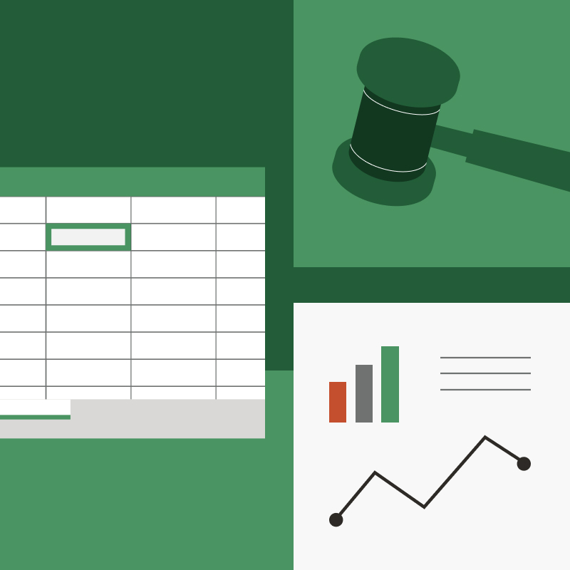 Visual of performance management tech stacks for legal industry, including Excel, data visualization, and a gavel.