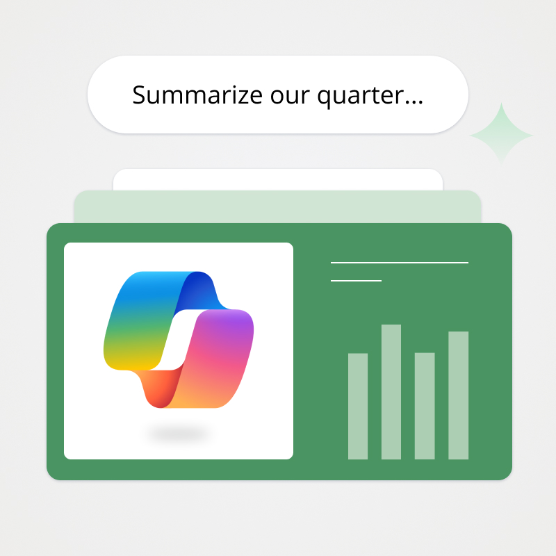 A chat box that reads 'Summarize our quarter...' above windows of financial data with Microsoft Copilot logo featured on the side.