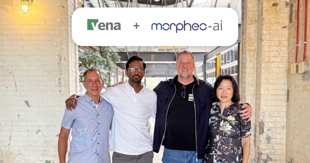 Photo of Hugh Cumming, Sandesh Patil, Charly Lin, and Hunter Madeley with the Vena and Morpheo AI logos placed at the top