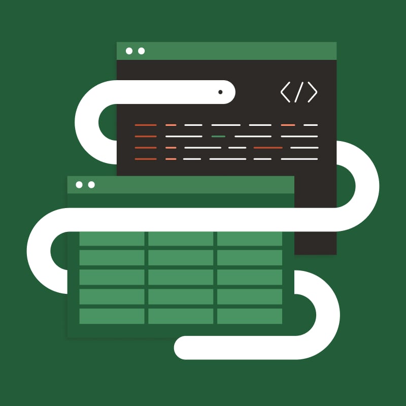 An illustration of an excel window with a black window showing code behind it. A white snake weaves between them.