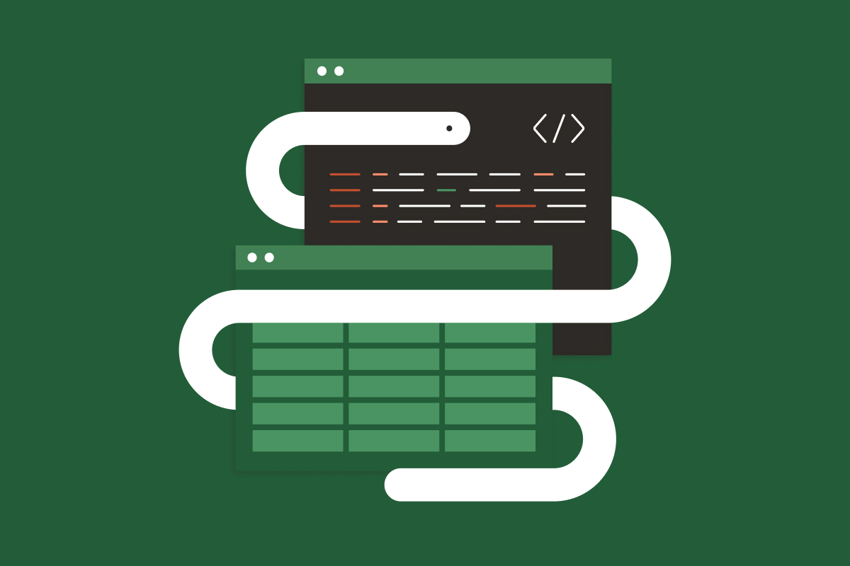An illustration of an Excel window with a black window showing code behind it. A white snake weaves between them.