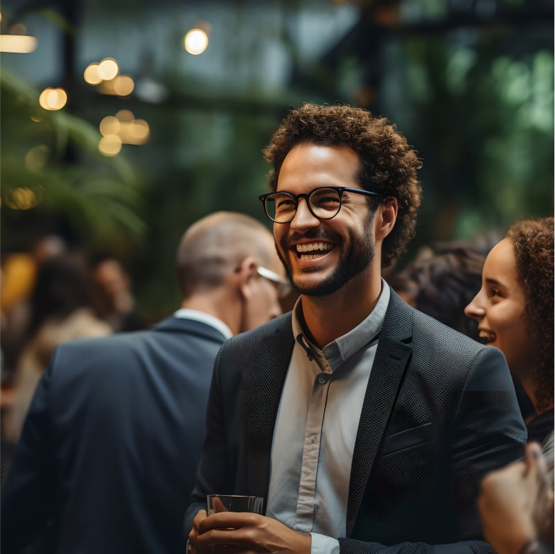 A man with olive skin, brown curly hair and a beard wearing glasses and professional attire smiling as he networks with other professionals at a conference