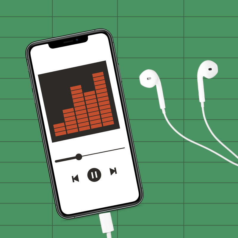 An iphone with ear phones connected against a green grid background, with a podcast episode playing on the screen