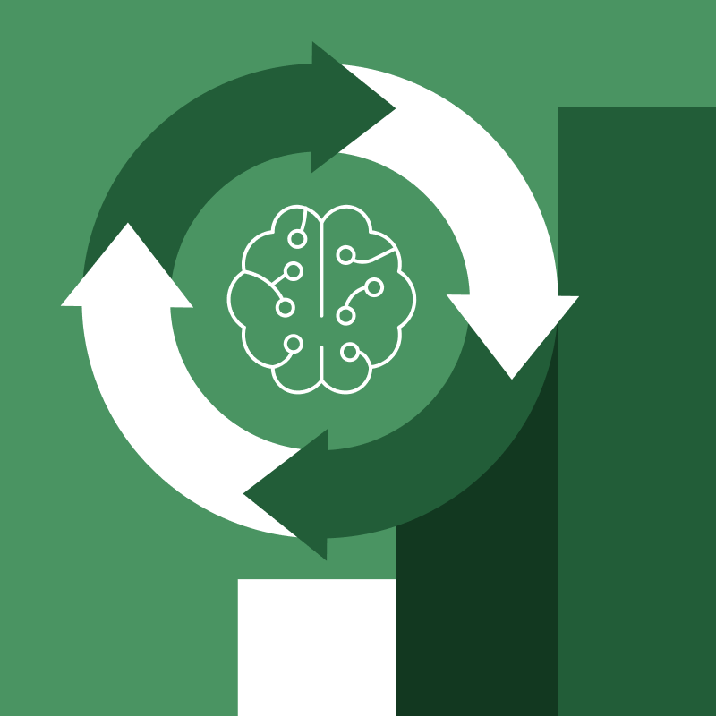 An illustration of a machine-powered brain representing artificial intelligence, surrounded by green and white arrows in a circle, against a backdrop of a green and white bar chart.