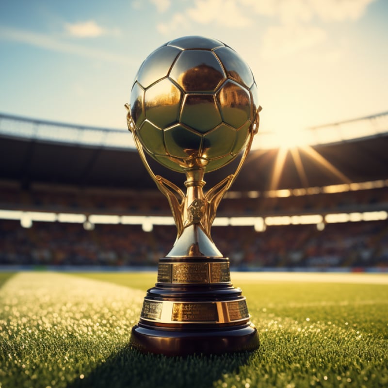 An image of a football championship trophy set on a football pitch on a sunny day