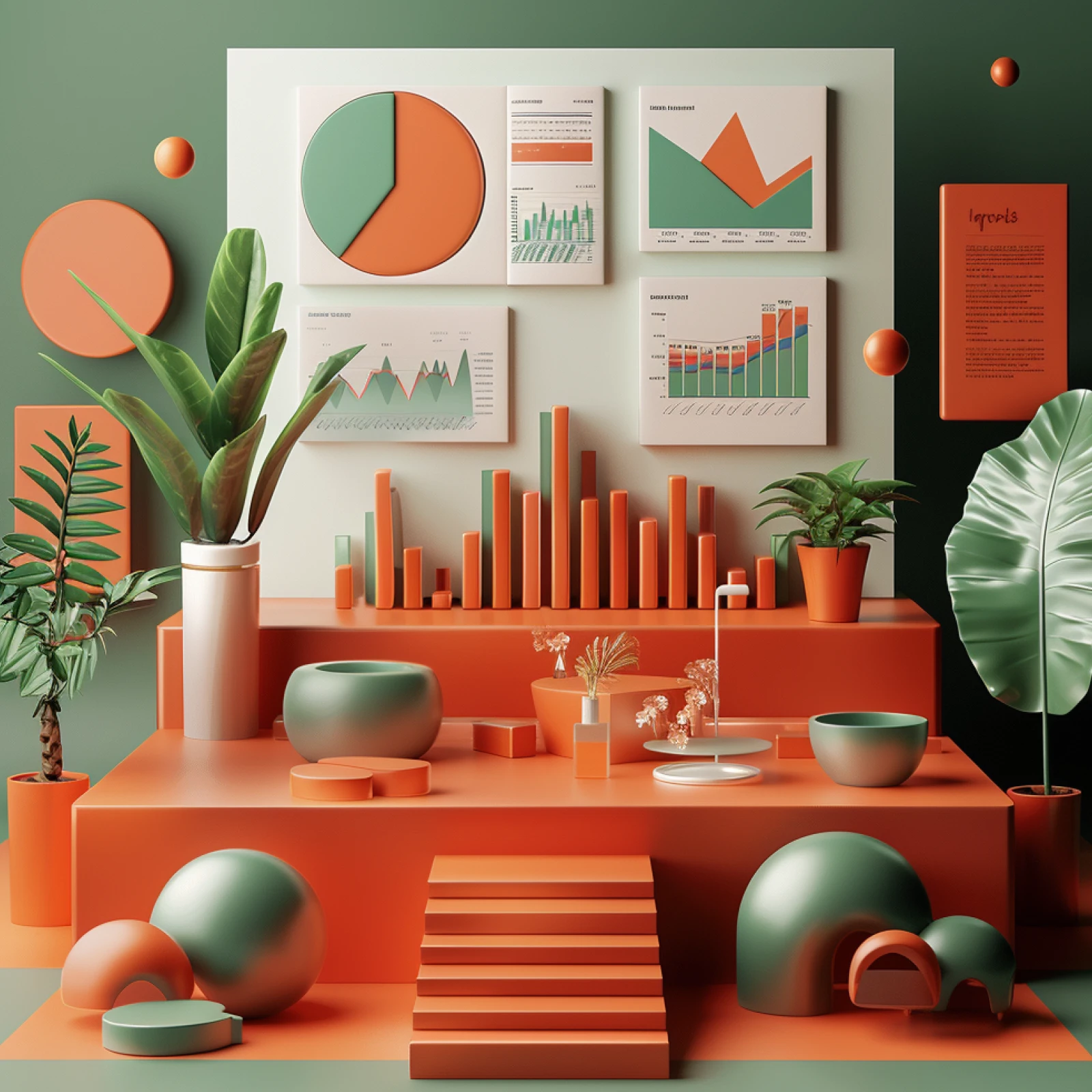 A 3D illustration of an office with charts and graphs on the wall, along with office plants and 3D shapes