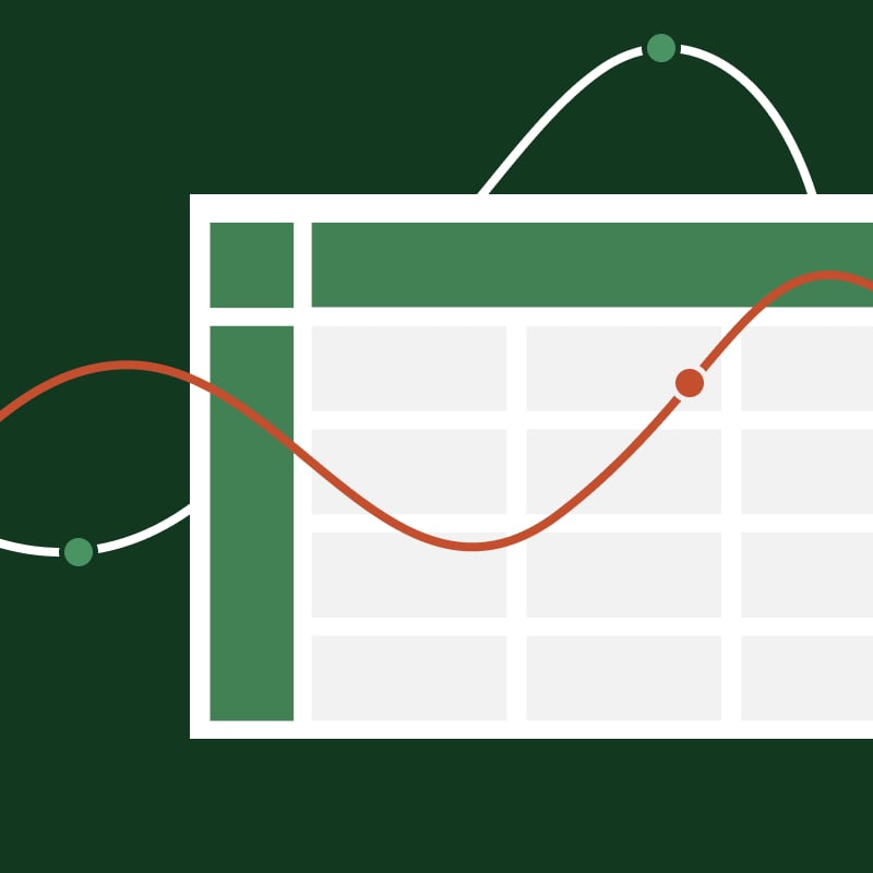 A spreadsheet table with green header rows and white cells against a dark green background with red and green line graphs running across and behind.